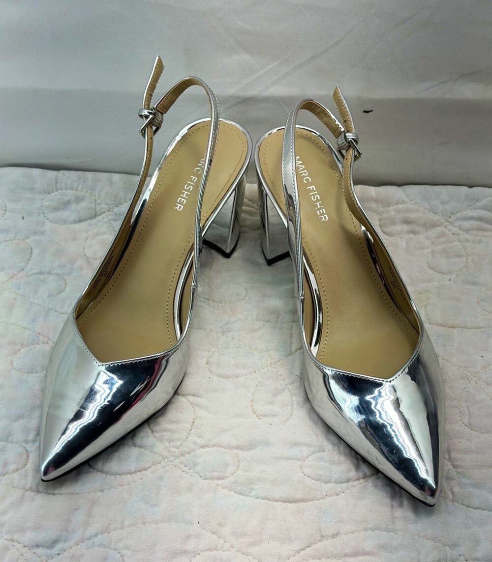 Marc Fisher women 9.5 silver point toe futuristic metallic block heel slingback